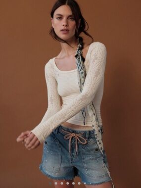 Free People Cream Lace Long-Sleeve Scoop Neck Top